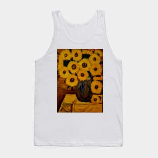 Sunflowers I'm a metallic blue gold and bronze and turquoise vase. On a table with yellow table cloth Tank Top